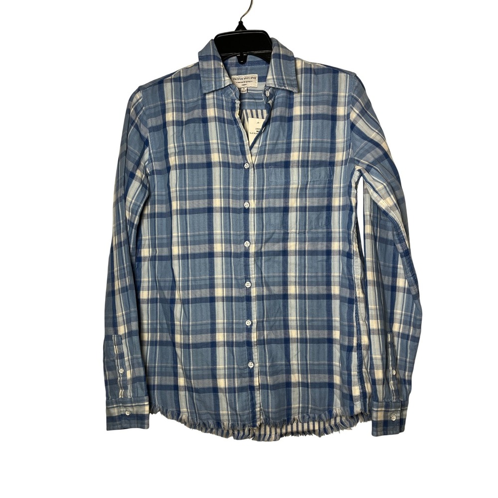 The Blue Shirt Shop Mercer & Spring Blue Plaid Frayed Hem Shirt S NWT